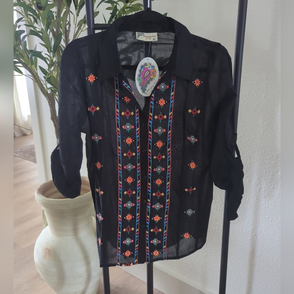 Magazine Floral Embroidered Blouse Buttondown Shirt Roll Tab Sleeves XL New Boho